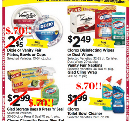 Tops Markets Household Stockup Deal: Dixie Plates, Clorox Toilet Cleaner, Glad Wrap & Pinesol for $.70 each!!!