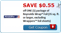 SAVE $0.55 off ONE (1) package of Reynolds Wrap® Foil (35 sq. ft. or larger, excluding Wrappers ...