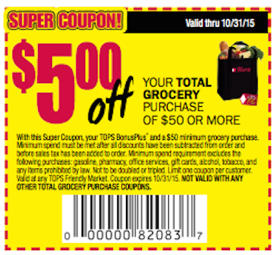 Tops Super Coupn $5 off $50 exp 1031