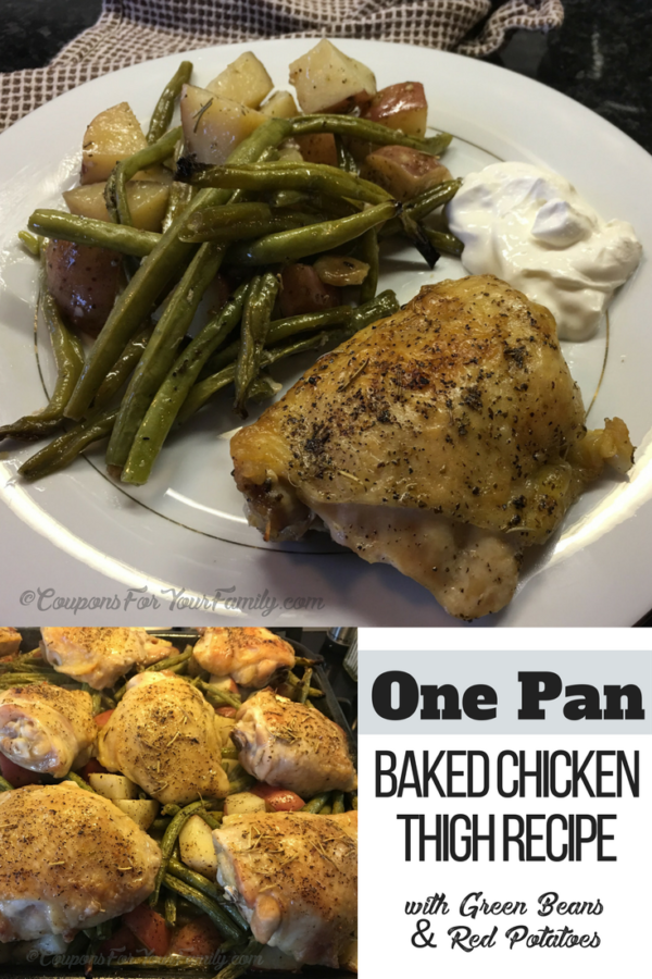 One Pan Baked Chicken Thigh Recipe with Green Beans and Red Potatoes