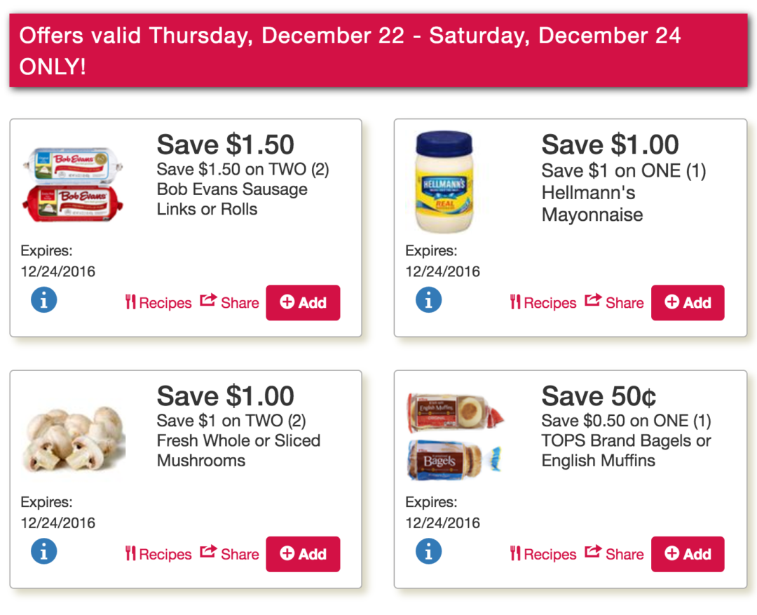 Exclusive Late Week Tops Markets Coupons are live Mushrooms, Bagels