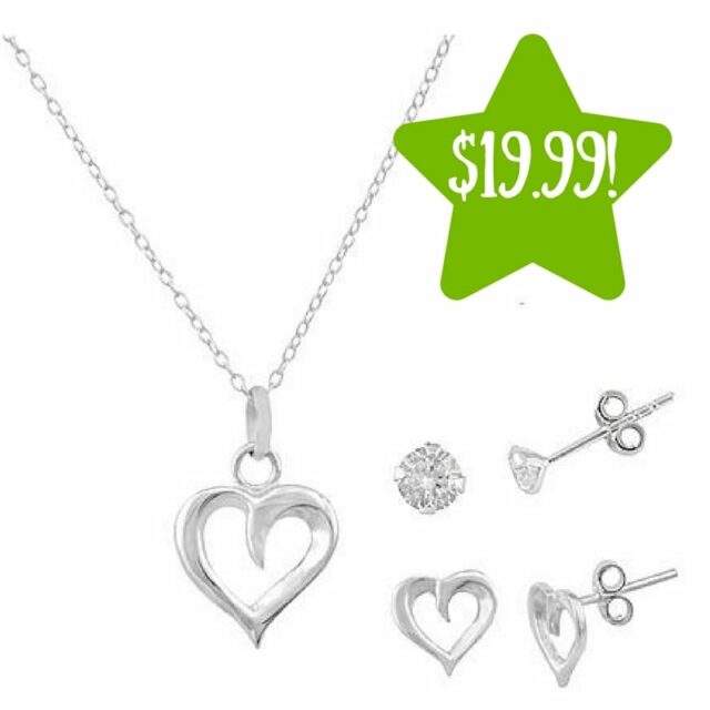 Kmart 3 Piece Pendant and Heart with Cubic Zirconia Stud Earring Set
