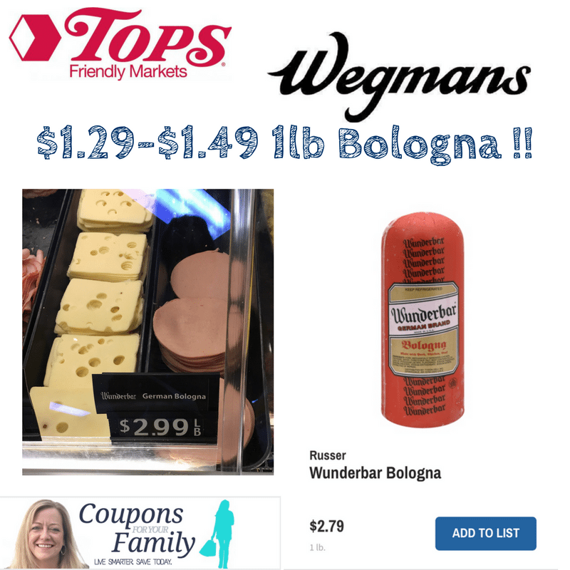 Get $1.29-$1.49 Wunderbar Bologna at Tops & Wegmans with new coupon!
