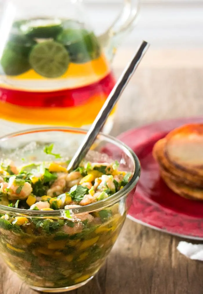 Mango, Avocado & Shrimp Ceviche Tostados