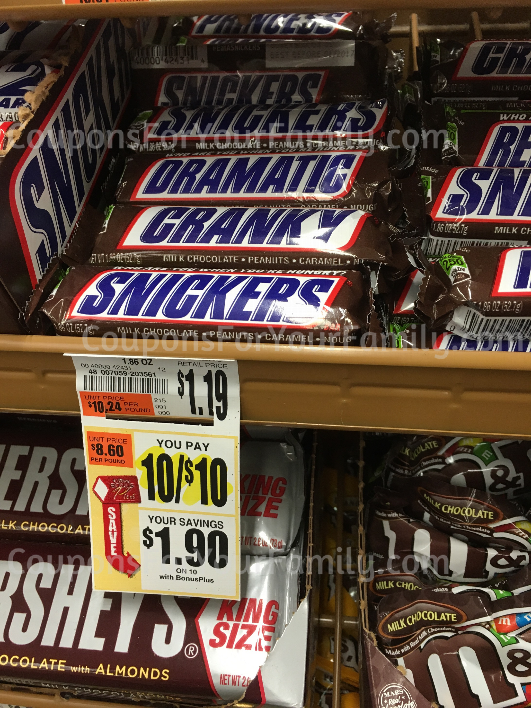 Snickers Bars only $.50 at Tops after new coupon!