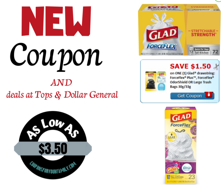 New Glad Coupon for garbage bags + deals at Tops & DG