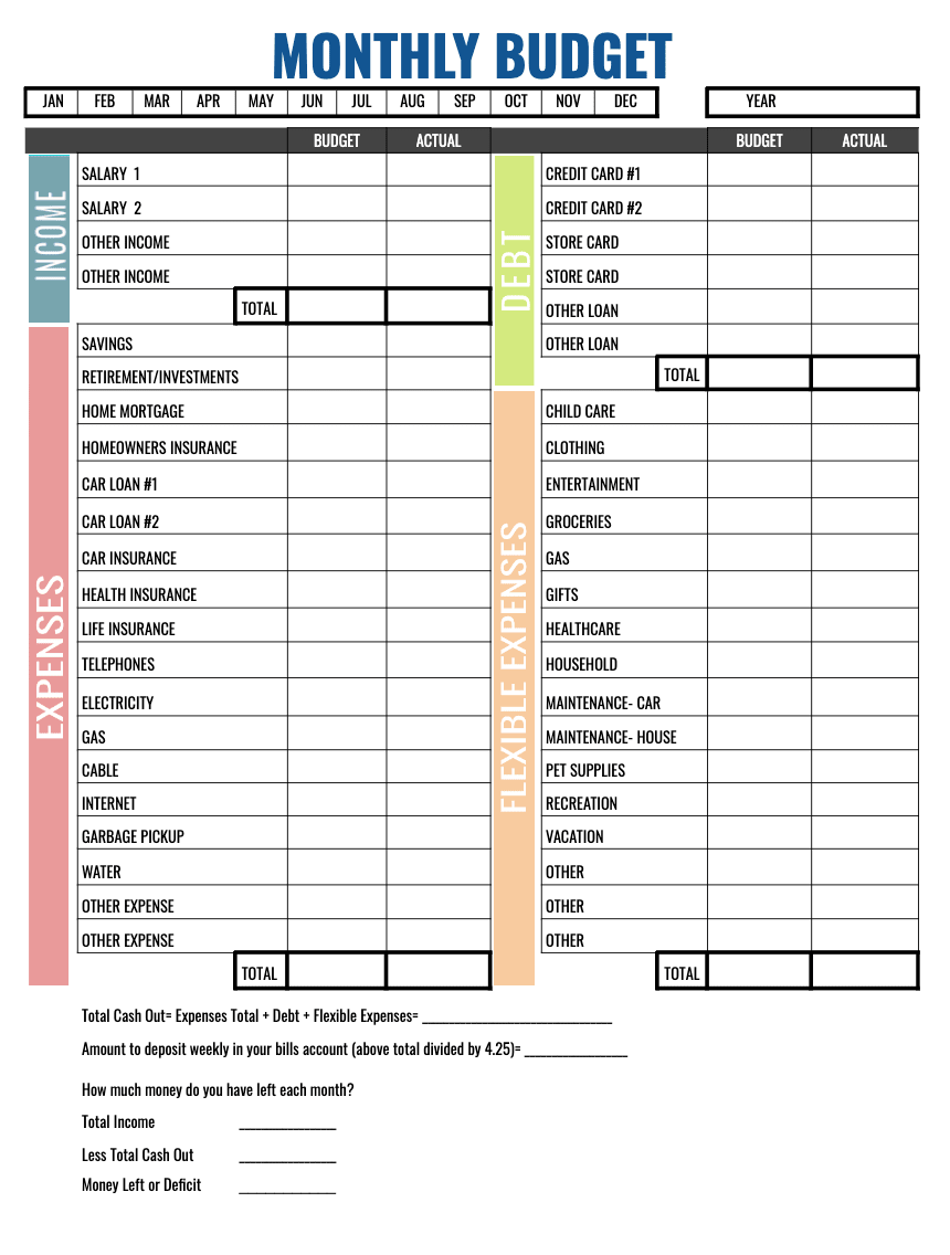 Free Printable Monthly Budget Worksheet Template
