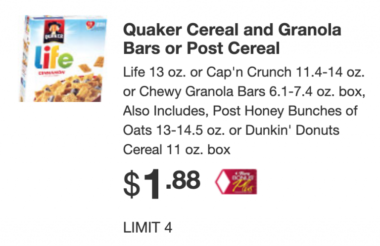Quaker Coupons + deals as low as $.38 cereal box &amp; $1.38 Chewy Bars