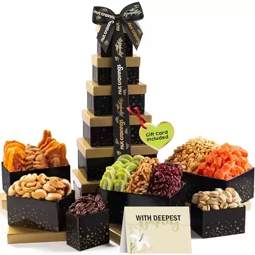 Nut Cravings Gourmet Collection - Sympathy Tower Gift Basket, Nuts & Dried Fruits with Sympathy Ribbon + Greeting Card (12 Assortments)