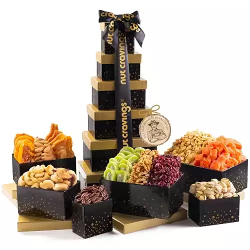 Nut Cravings Gourmet Collection - Holiday Dried Fruit & Mixed Nuts Gift Basket Black Tower + Ribbon (12 Assortments) Xmas Food Bouquet Platter