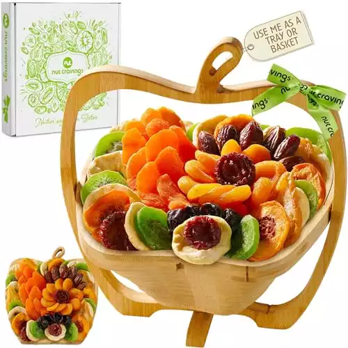 Nut Cravings Gourmet Collection - Holiday Dried Fruit Wooden Apple-Shaped Gift Basket + Tray (9 Assortment)