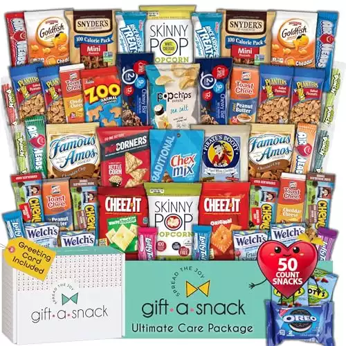 Gift A Snack - Holiday Snack Box Variety Pack Care Package + Greeting Card (50 Count) Xmas Candies Gift Basket