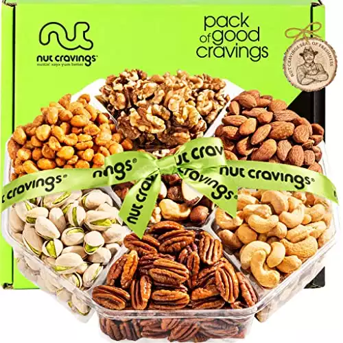 Nut Cravings Gourmet Collection - Holiday Mixed Nuts Gift Basket + Green Ribbon (7 Assortments, 1 LB)