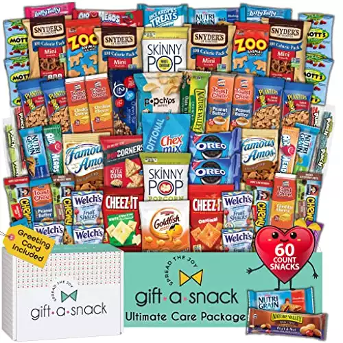 Gift A Snack - Holiday Snack Box Variety Pack Care Package + Greeting Card (60 Count) Xmas Candies Gift Basket