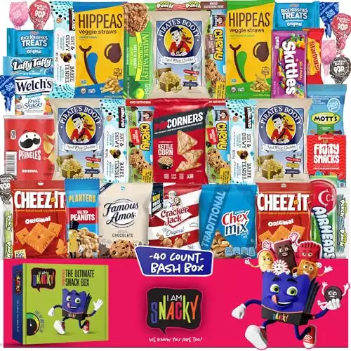 I AM Snacky - Holiday Snack Box Variety Pack Care Package + Greeting Card - SNACKY'S BASH BOX (40 Count) - Xmas Candies Gift Basket Sweet Treat Assortment Chips Crackers Bars - Crave Food Teens