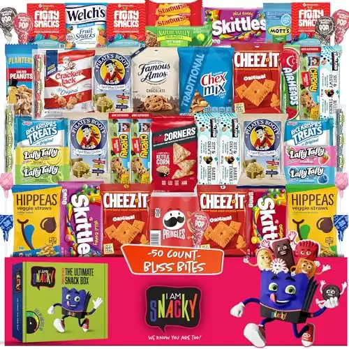 I AM Snacky - Holiday Snack Box Variety Pack Care Package + Greeting Card - SNACKY'S BLISS BITES (50 Count)