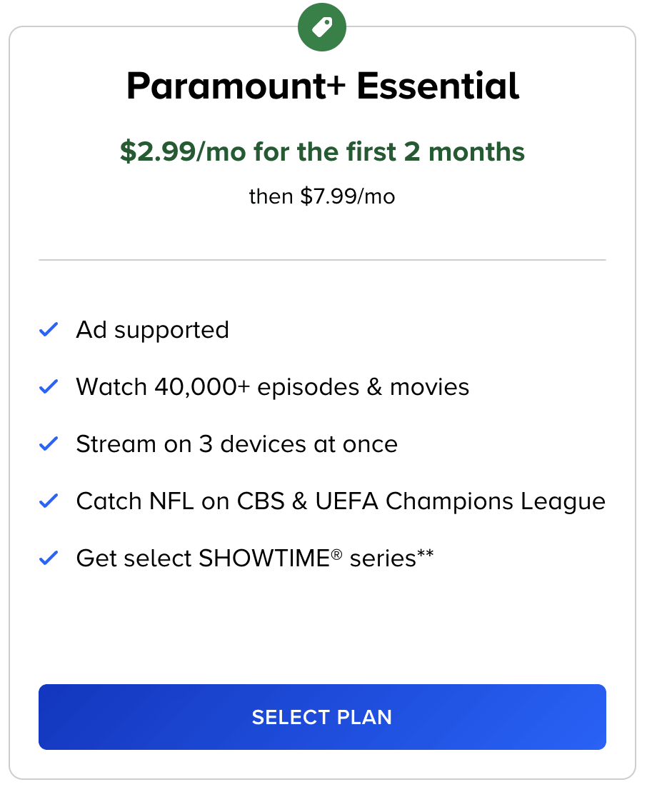 Paramount Plus Essential Plan monthly