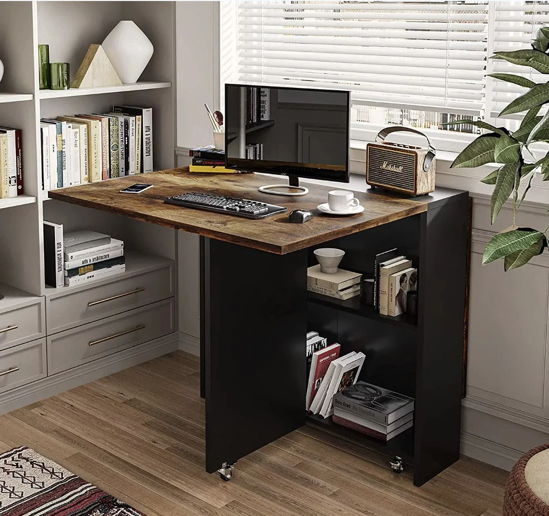 Farmhouse Desk/Folding Dining Table with 2 Storage Racks, Movable Dinner Table for Kitchen, Bedroom, Living Room