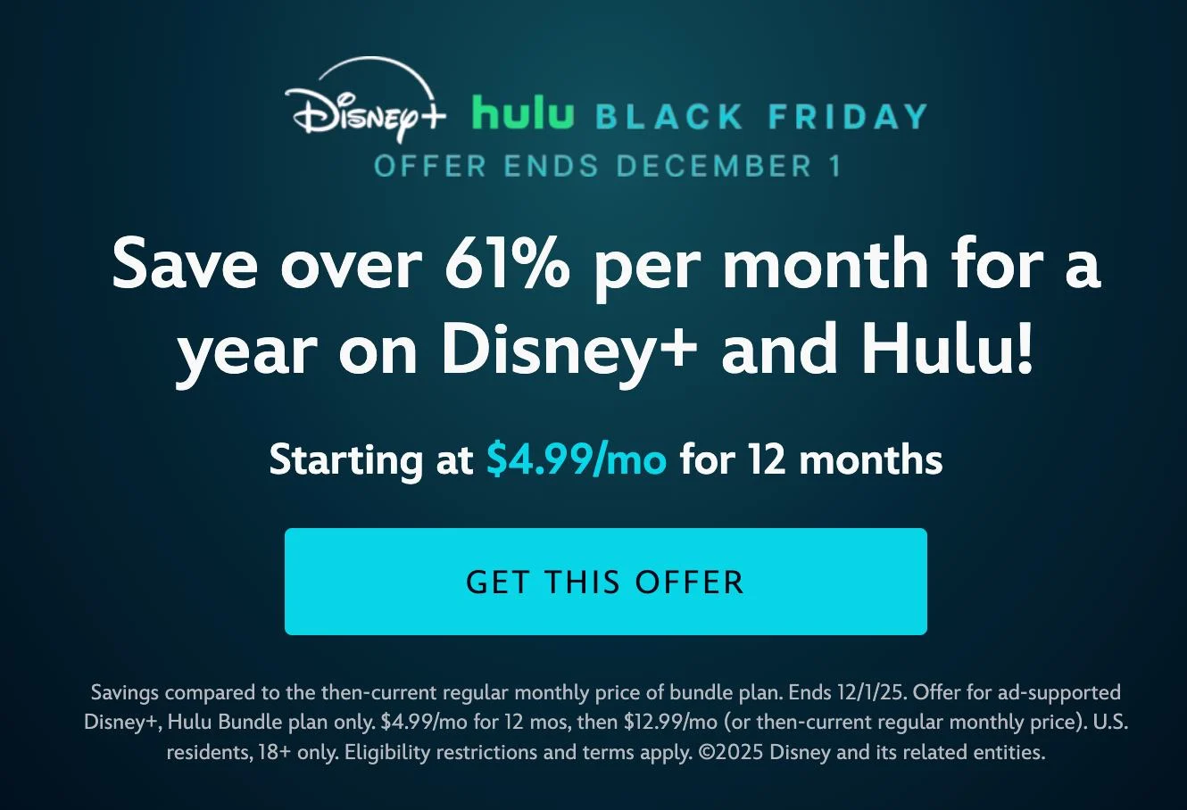 Disney + and Hulu Black Friday promo
